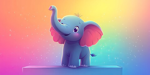 a cute cartoon elephant standing upright, with its trunk raised up and waving happily.