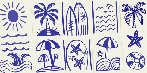 Obraz premium Collection of hand drawn blue beach and summer icons on a textured off white background