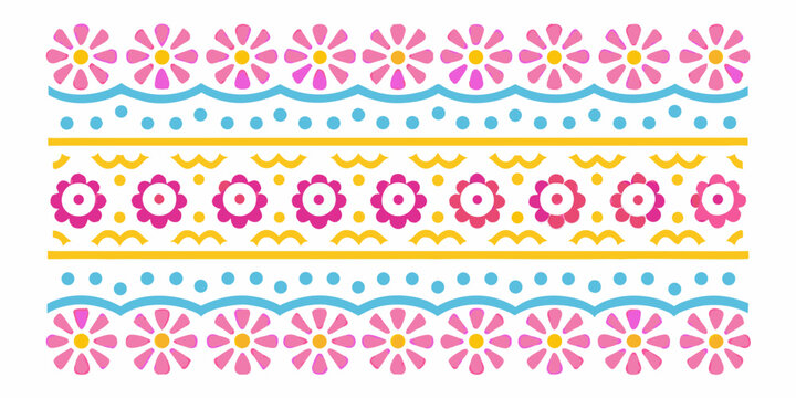 Decorative floral border with pink flowers blue waves and yellow accents on white background