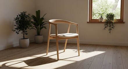 Minimalist Wooden Chair in Sunlit Room with Potted Plants