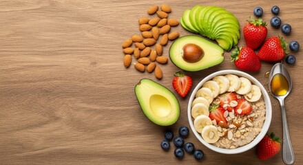Wholesome Morning Feast: A Vibrant Flat Lay of Oatmeal Avocado and Fresh Berries.