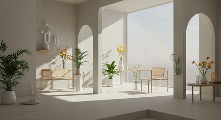 Interior design with plants and arched doorways in white