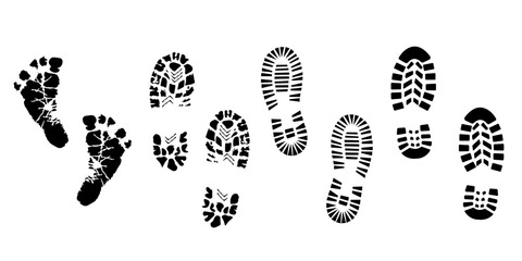 Shoe Prints and Footprints Vector Set &ndash; Black Silhouettes of Shoe Sole Imprints