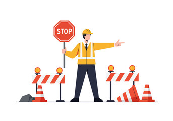 Traffic controller in a yellow hard hat and safety vest managing a construction zone. © Satya