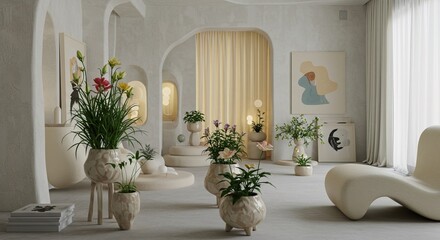 Interior design with plants and white curved furniture