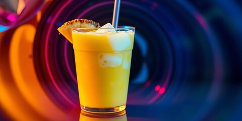 Refreshing pina colada in a plastic cup, inside a plastic tube, straw, icy