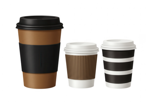 Three disposable coffee cups of varying sizes with lids and sleeves isolated on transparent background