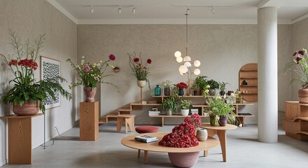 Interior view of a flower shop with plants and displays