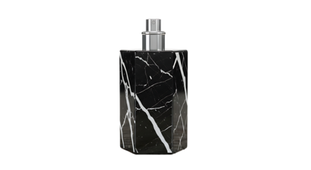 Elegant black marble soap dispenser with a silver pump, isolated on transparent background the hexagonal shape and striking white veins create a luxurious and modern aesthetic for bathroom or kitchen 