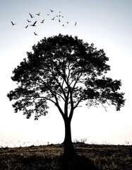 Silhouette of a tree against a sky with birds