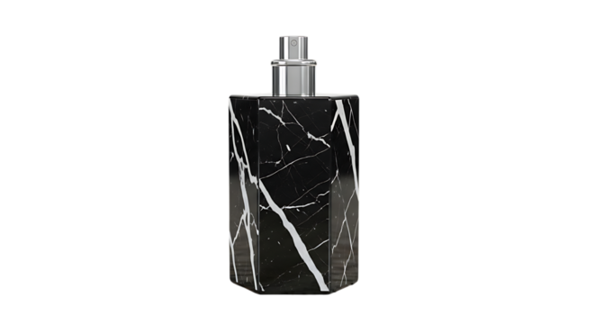 Elegant black marble soap dispenser with a silver pump, isolated on transparent background the hexagonal shape and striking white veins create a luxurious and modern aesthetic for bathroom or kitchen 