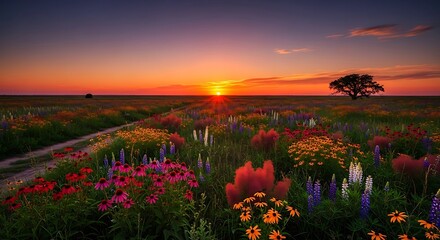 Vibrant wildflowers carpet a serene meadow under a fiery sunset sky offering a peaceful escape