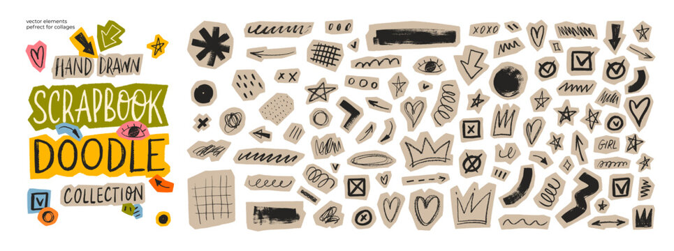 Playful scrapbook doodle set. Cute cutout elements for collage.