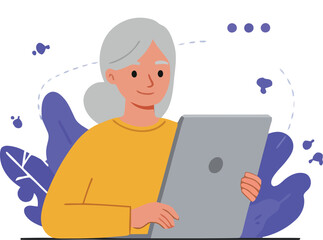 Cartoon vector illustration of a man using a laptop and tablet