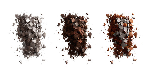 Three piles of debris on transparent background isolated on a transparent background