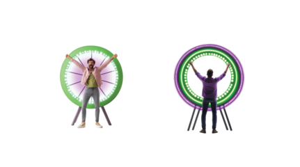 Joyful man with glowing ferris wheel and neon lights