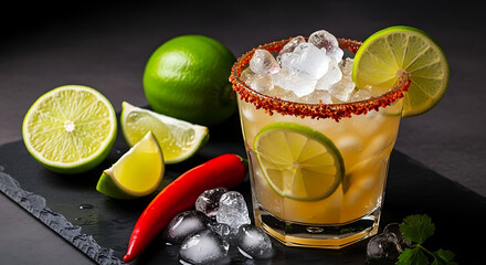 Spicy margarita cocktail with lime and chili rim garnish served on black slate.