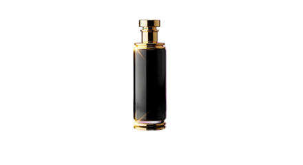 Elegant black and gold perfume bottle isolated on transparent background, showcasing a luxurious design with a sleek silhouette and a sophisticated aesthetic, perfect for fragrance and beauty product