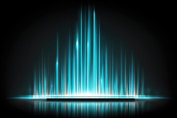 A vibrant, teal light display dominates a dark background, creating an elegant and futuristic stage.