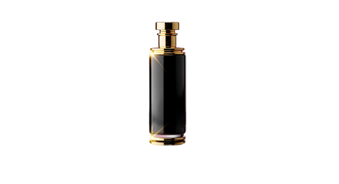 Elegant black and gold perfume bottle isolated on transparent background, showcasing a luxurious design with a sleek silhouette and a sophisticated aesthetic, perfect for fragrance and beauty product  - Powered by Adobe