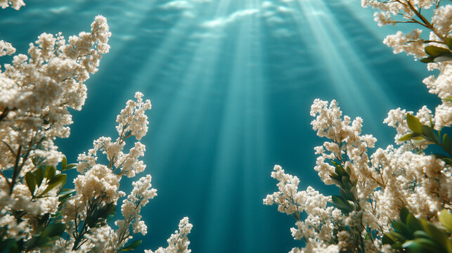 Minimalist underwater scene with soft aquatic plants absorbing carbon dioxide, clean composition representing blue carbon sequestration