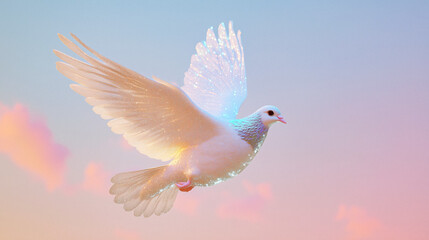 Obraz premium Stylized dove silhouette floating in abstract sky with layered textures and soft gradients, conceptual tribute with ethereal tones, palette of pale silver, cloud blue, and translucent white