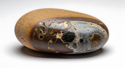 Smooth, Polished Stone with Amber and Gold Inclusions on White Background