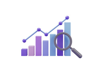 3d bar chart with growth line and magnifying glass isolated on transparent background