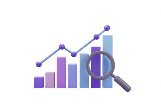3d bar chart with growth line and magnifying glass isolated on transparent background