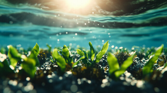 Underwater plants absorbing carbon dioxide in a blue carbon ecosystem, visualizing carbon sequestration and marine conservation, palette of aqua blue, seafoam green, environmental science