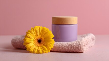 Purple Cosmetic Cream Jar with Wooden Lid and Yellow Flower