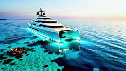 A luxurious yacht sailing on clear blue waters, with the sun setting in the background casting a serene glow over the scene.