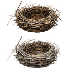 Fototapeta premium Two natural twig bird nests on isolated on a transparent background organic empty