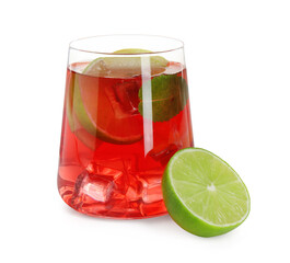 Tasty punch with ice, mint and slices of lime in glass isolated on white. Refreshing drink