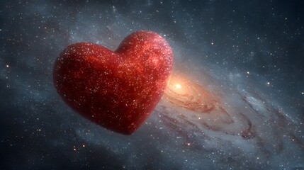 Romantic Cosmic Scene with Red Heart in Outer Space