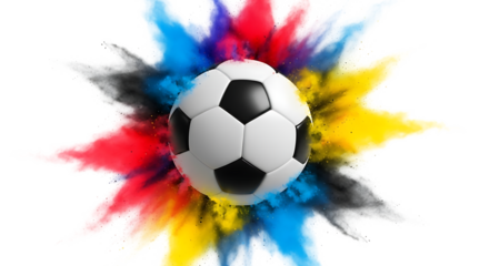 Dynamic soccer ball explosion isolated on transparent background, surrounded by vibrant colors, symbolizing the energy and excitement of the sport, perfect for illustrating themes of competition, team