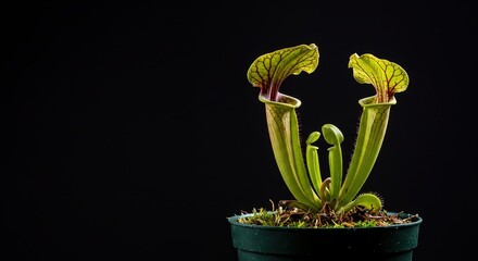 A pitcher plant in a pot against a dark background view