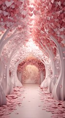 Romantic Tunnel with Pink Heart-Shaped Leaves and Flowers
