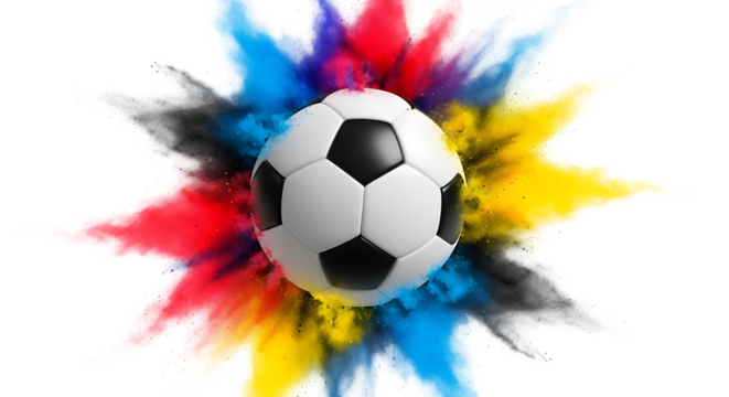Dynamic soccer ball explosion isolated on transparent background, surrounded by vibrant colors, symbolizing the energy and excitement of the sport, perfect for illustrating themes of competition, team