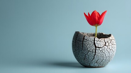 Single red tulip in cracked clay pot with blue background