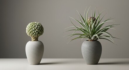 Two potted plants sitting on a white surface indoors