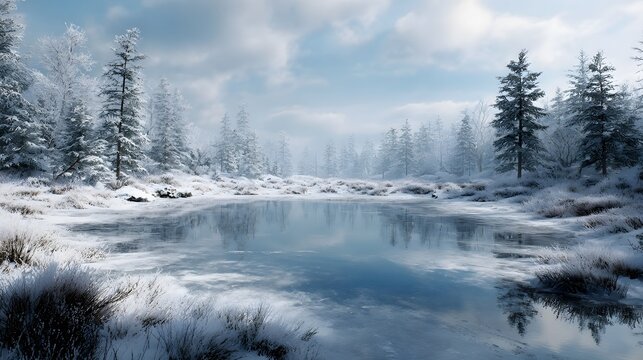 A tranquil winter landscape featuring a frozen lake reflecting snow covered pine trees under a bright cloudy sky - Powered by Adobe