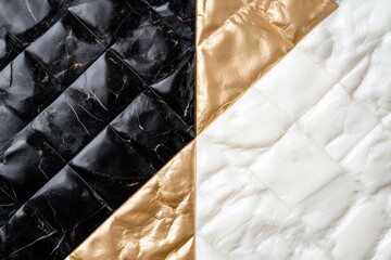 Luxurious Texture Quartet: An artistic tapestry composed of rich textures, including black marble, shimmering gold, and pristine white fabrics, intricately quilted in a unique composition.
