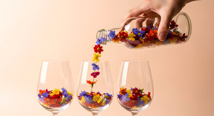 Naklejka premium Hand pouring floral candy into wine glasses on pastel background — colorful sweet candy serving concept