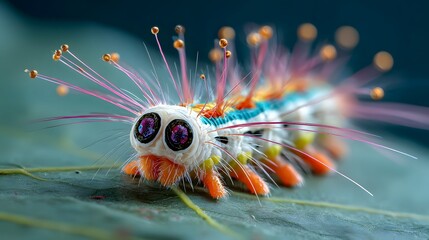 Strange insect with hair and bright eyes on green leaf