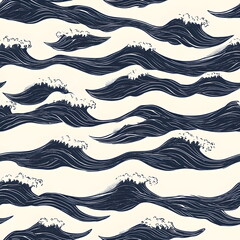 Elegant Japanese inspired seamless wave pattern, featuring indigo blue flowing lines on an off-white background, minimal and timeless design, perfect for textiles, wallpapers, and sophisticated surfac