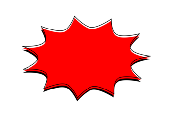 Red burst star shape badge for sale sticker, discount label, price tag design, promotional starburst banner, abstract explosion emblem for marketing and advertising graphics