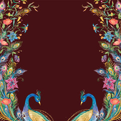 Fototapeta premium Traditional Mughal garden scene in Pichwai style featuring peacock and arches, designed for wallpaper