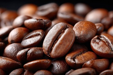 Naklejka premium Close Up of Roasted Coffee Beans on Dark Background