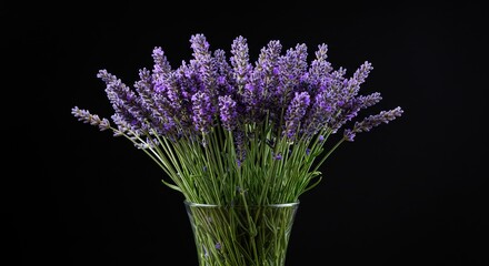 Lavender bouquet in glass vase against black background